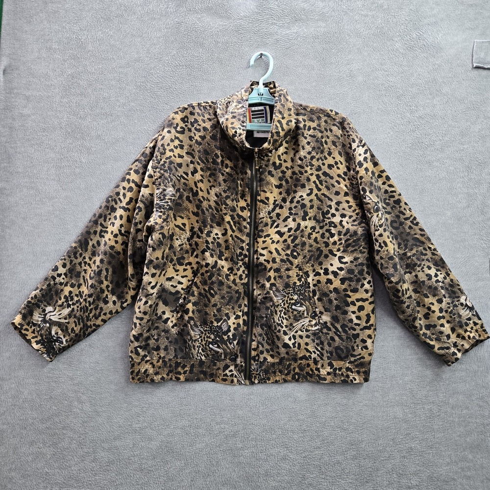 VINTAGE‎ EVR Women Jacket M Brown Silk Animal Print Leopard Face 90s